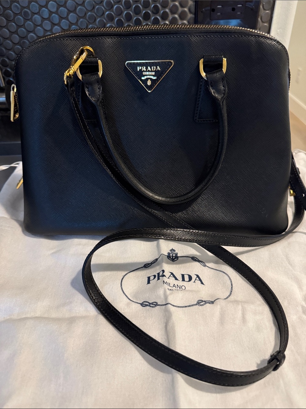 Prada Black Saffiano Leather Dome Satchel with Gold Hardware